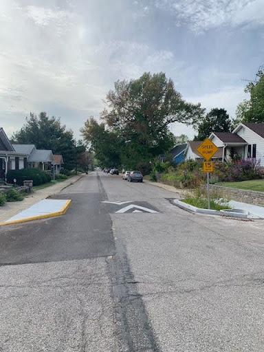 A speed hump and paired curb extensions on Allen Street in Bloomington, Indiana.