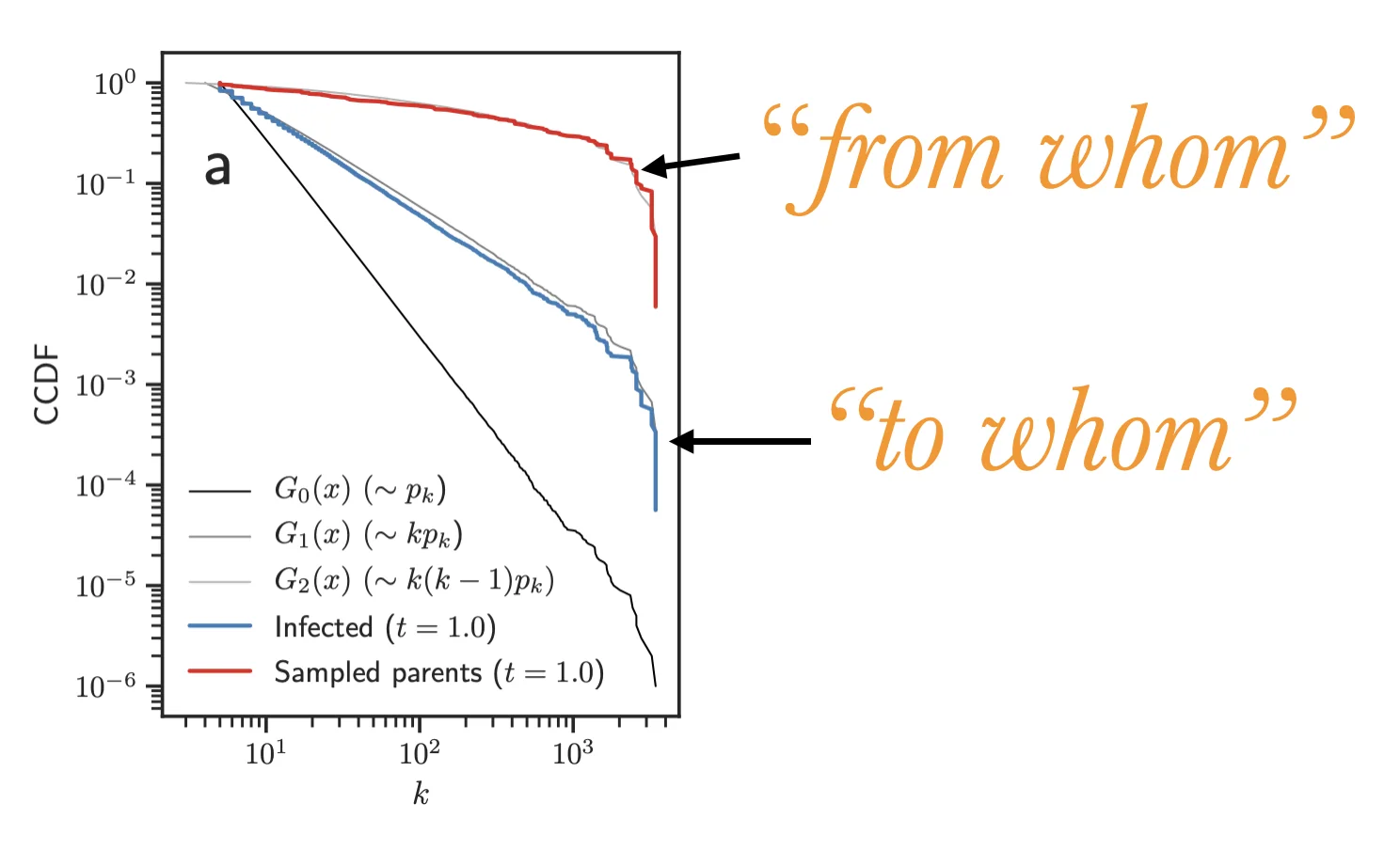 CCDF of degree: backward-sampled 'from whom' parents have a much heavier tail than the forward-traced 'to whom' infected