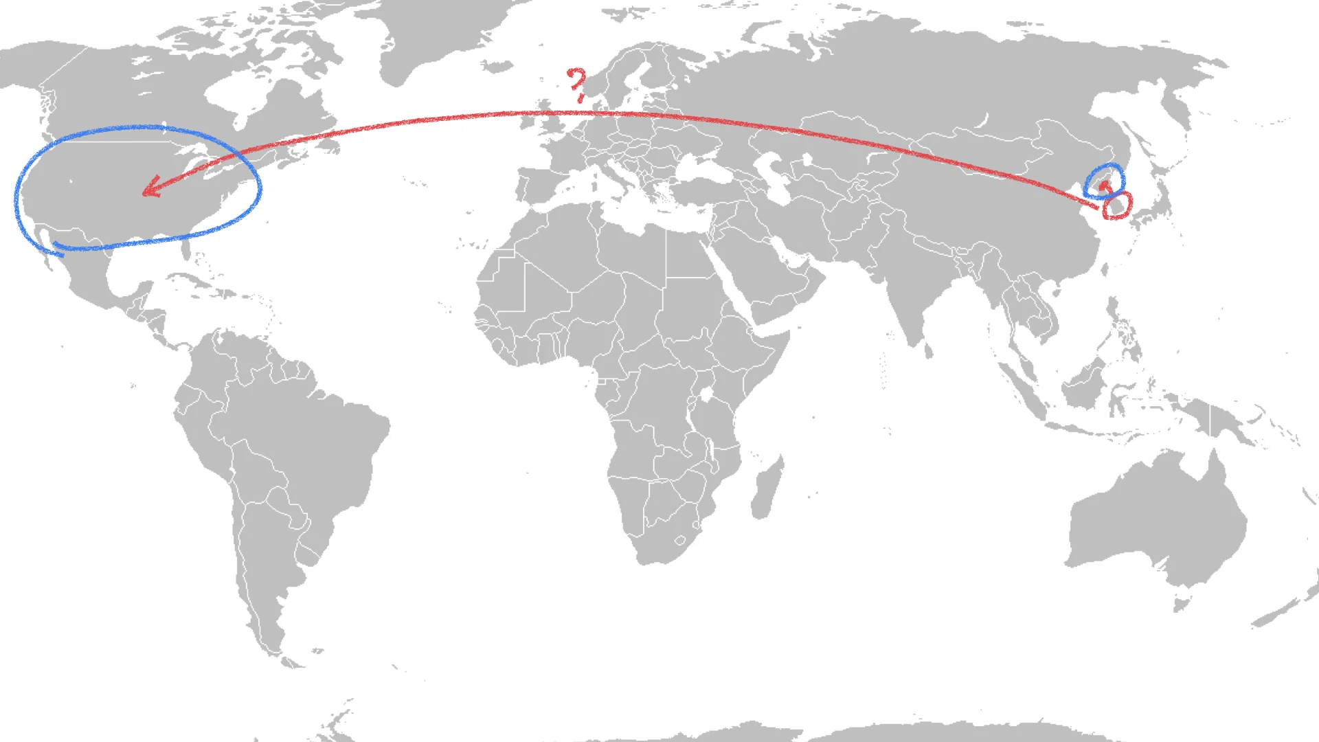 World map with an arc from Korea to the United States marked with a question mark